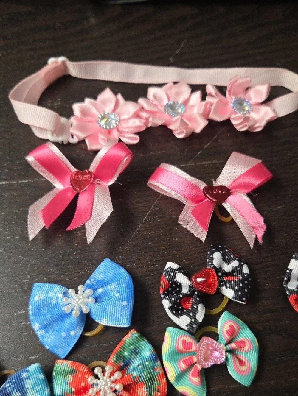 Dog and Cat BowPink Floral Elastic Headband and Pink Ribbon - Cute Pet Hair Set